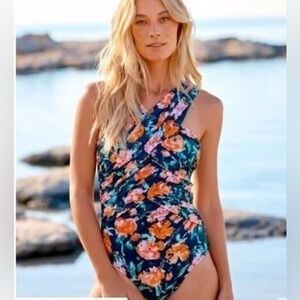 Garnet Hill Floral One Piece Swimsuit - Blue and Orange